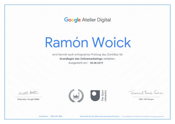 Zertifikat von Google für webquarks Online Marketing